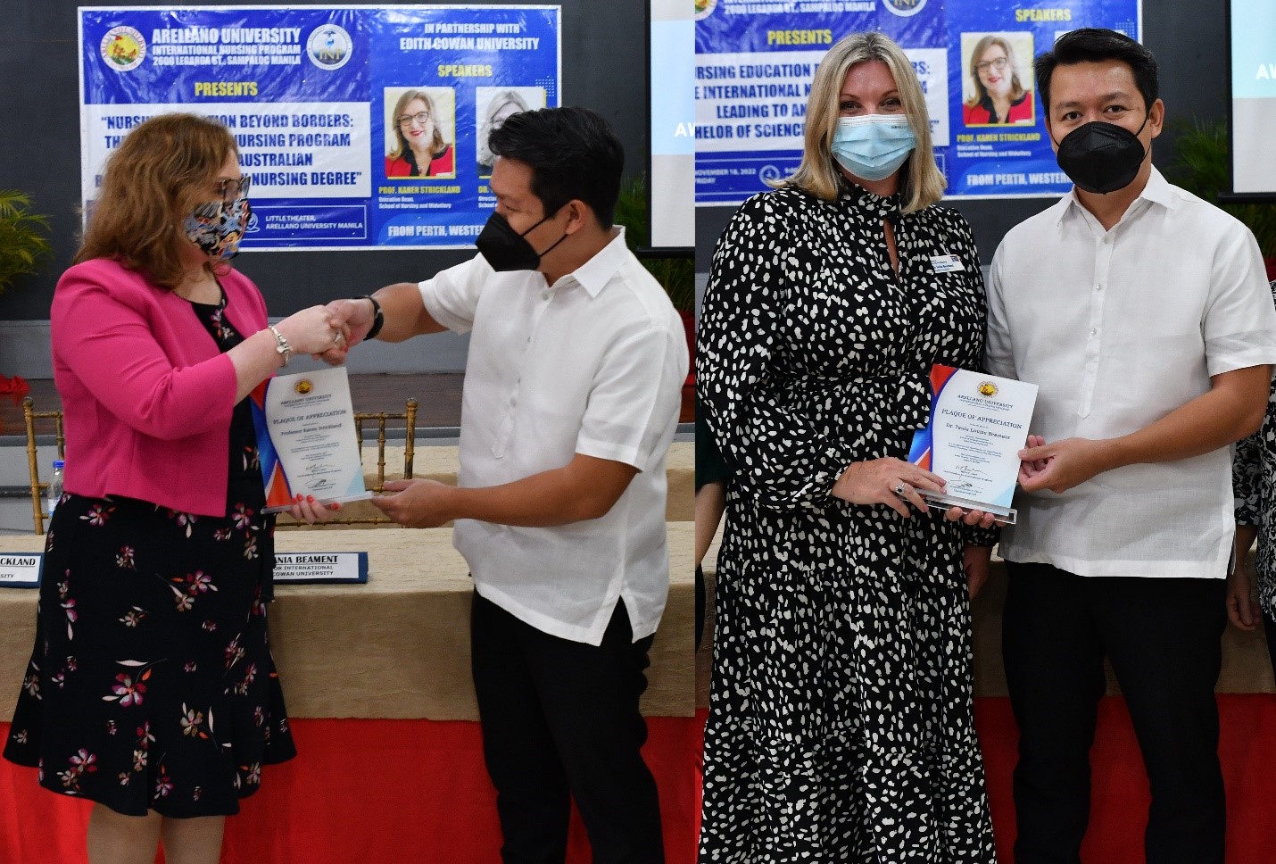 Mr. Philip M. Flores, Director for International Academic Linkages, awards the Plaque of Appreciation to Prof. Karen Strickland and Dr. Tania Beament, at right photo