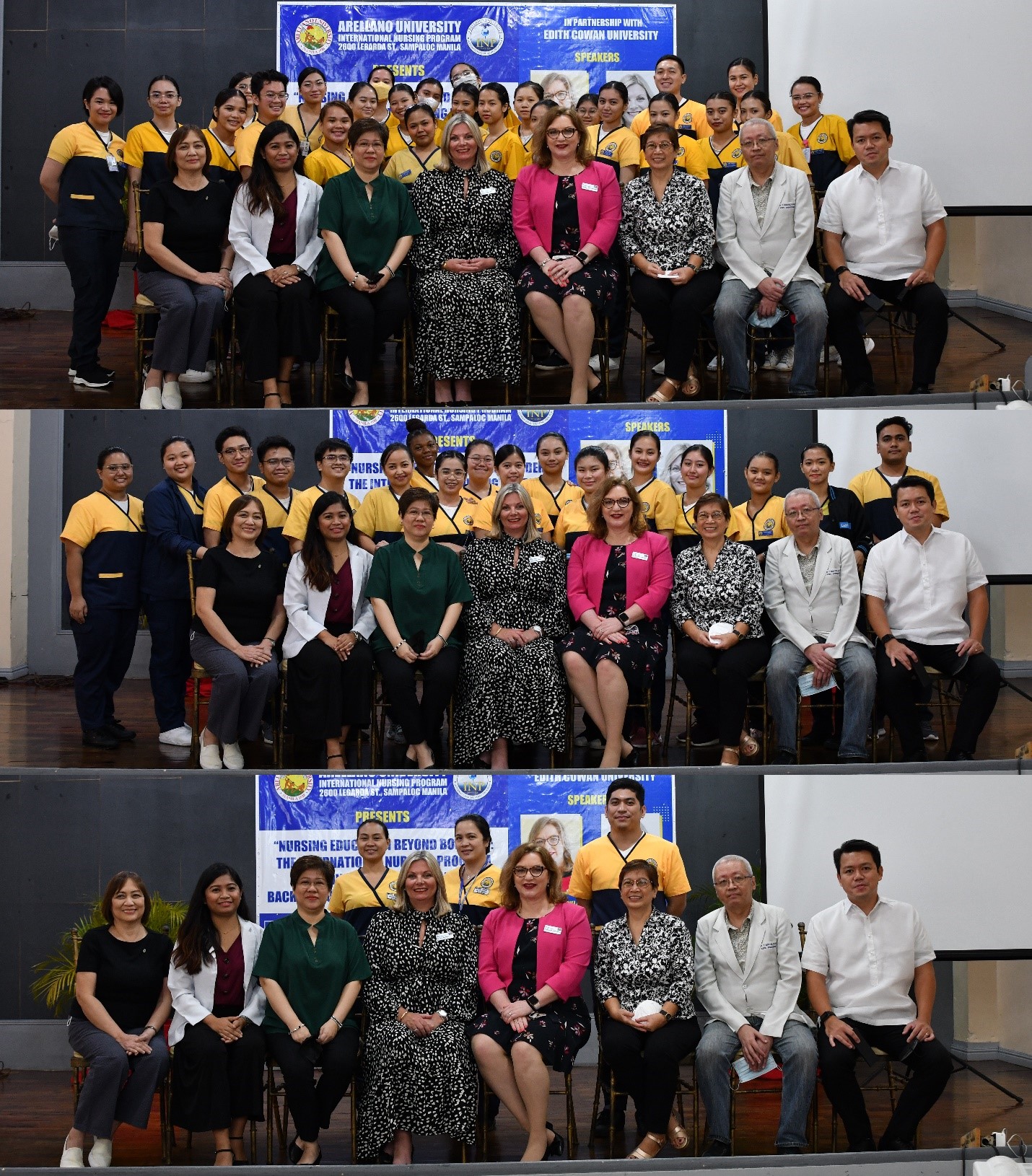 AU-INP students pose with faculty and guests, from top, first year, middle photo, second year and bottom, third year